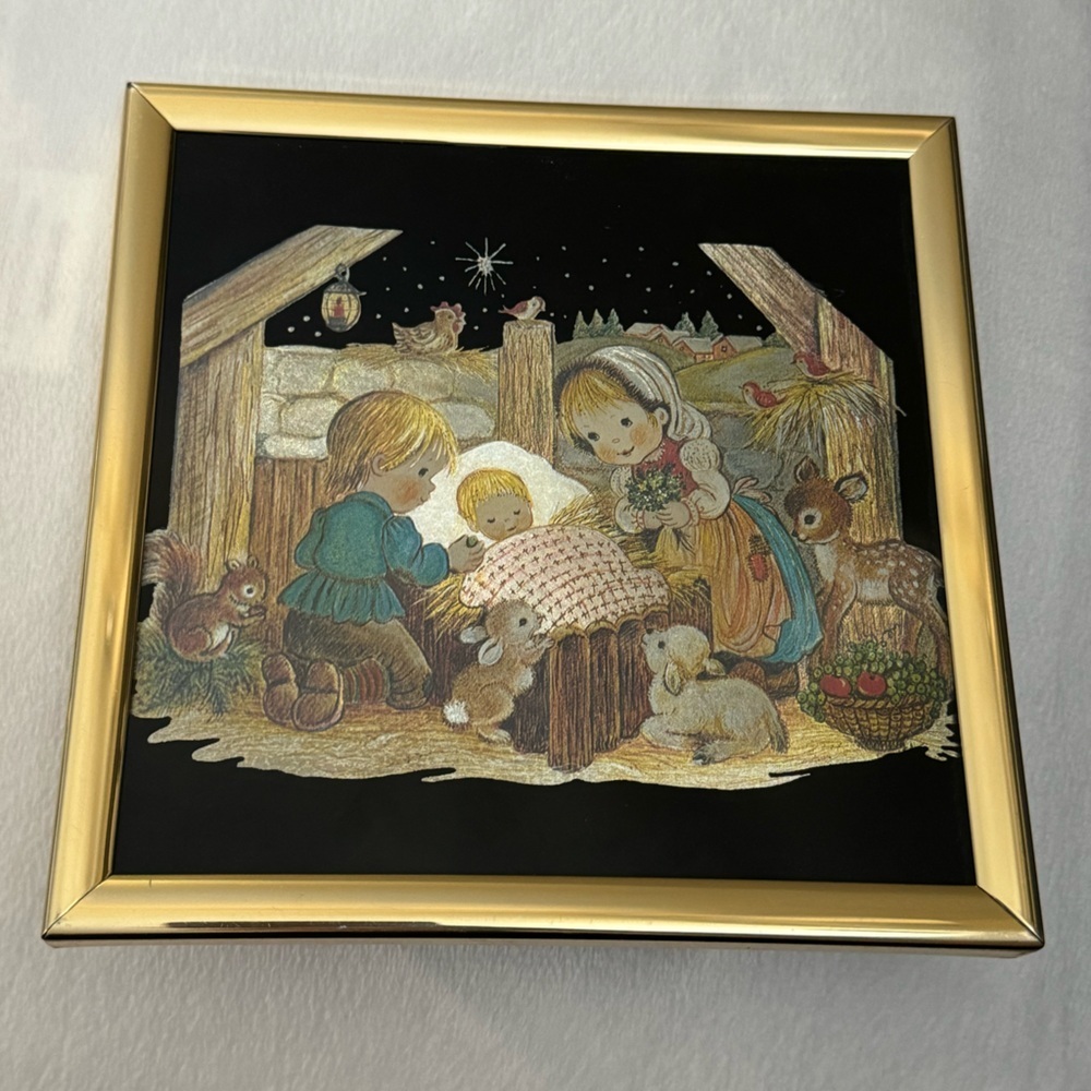 Kafka Screened Vintage Foil Etching Artwork 80’s 90’s Christmas Nativity Scene